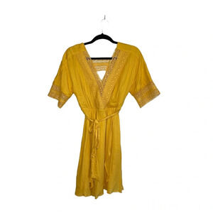 Altar’d State Canary Yellow Crochet Wrap Front Belted Mini Dress Small Women’s